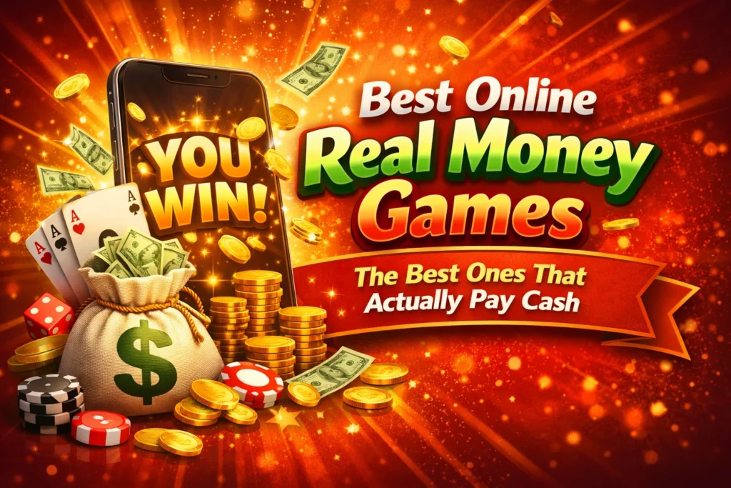 Best online real money games that actually pay cash shown with mobile gaming, coins, and winning symbols