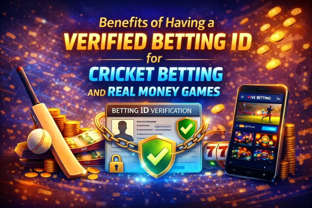 Illustration showing the benefits of a verified betting ID for cricket betting and real money games, featuring a secure verification card, cricket bat, betting app, and coins.