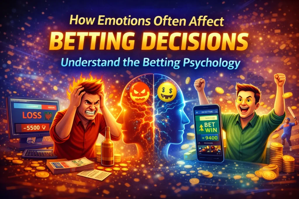 Illustration showing how emotions affect betting decisions, highlighting betting psychology with contrasting emotional reactions to winning and losing.
