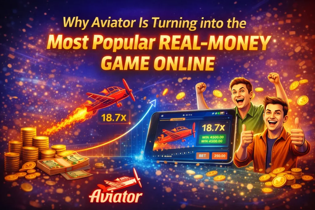 Illustration showing why Aviator is becoming the most popular real-money game online, featuring a rising plane, winning multiplier, mobile gameplay, and excited players.