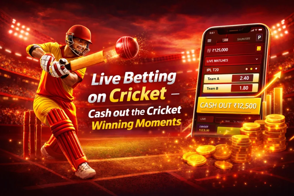 Live cricket betting banner in red and yellow theme showing a batsman hitting the ball, live odds on a mobile screen, cash-out option, and winning coins representing real-time cricket betting moments.