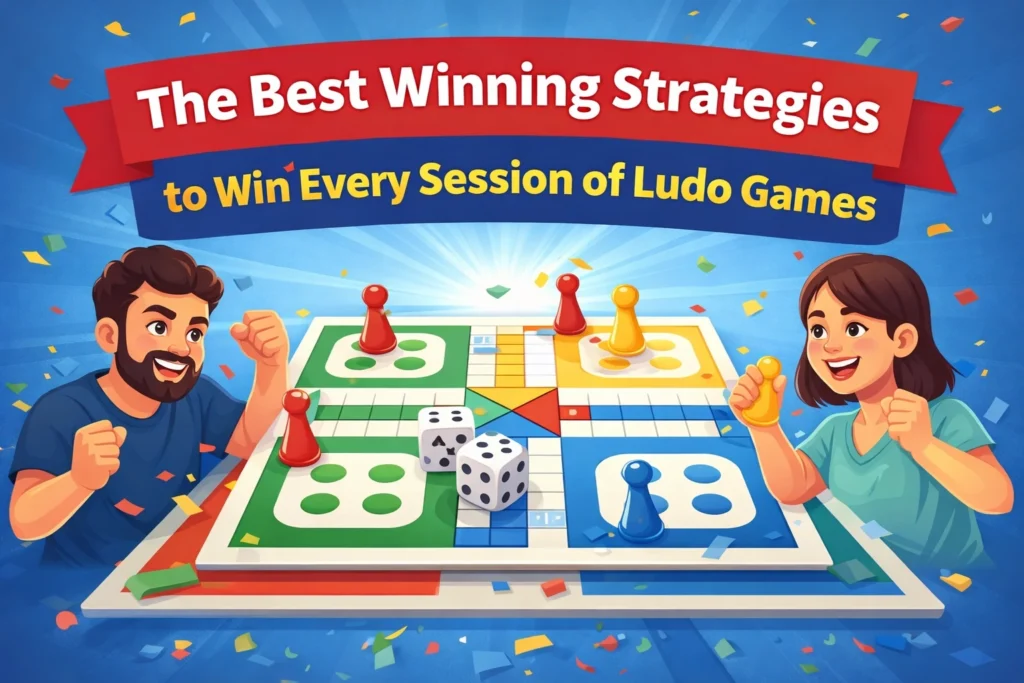 The Best Winning Strategies to Win Every Session of Ludo Games illustrated with Ludo board, dice, and winning players