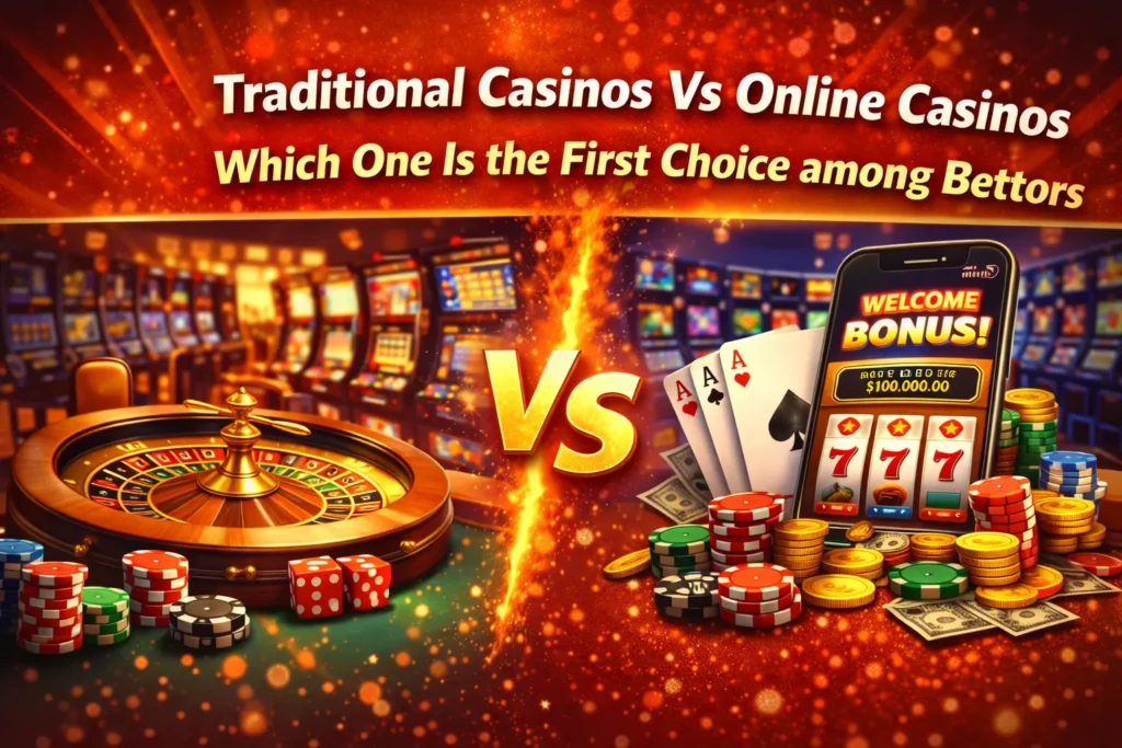 Traditional casinos vs online casinos comparison showing roulette, casino games, and mobile betting options for players