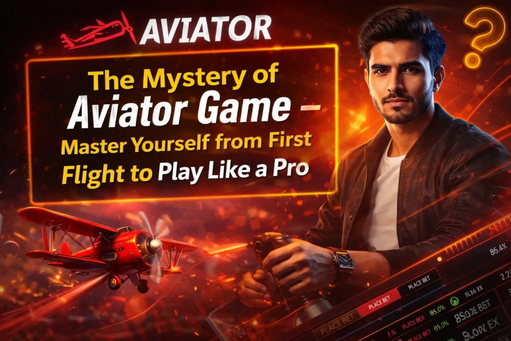 Aviator game strategy banner with red plane, gaming interface, and pro player on dark casino-style background.