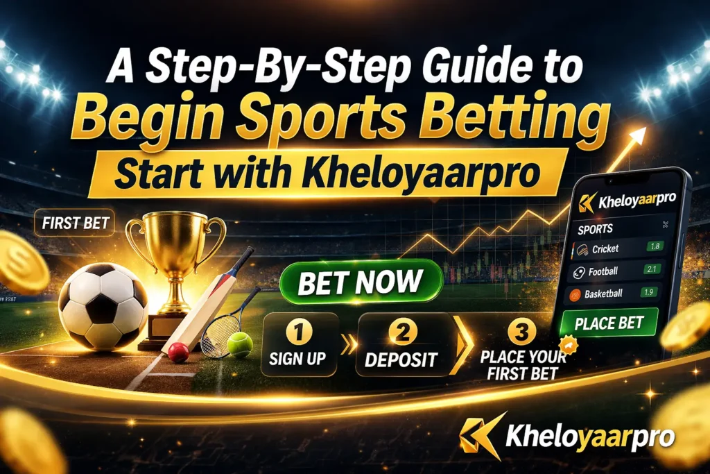 Sports betting guide banner with stadium background and betting interface.