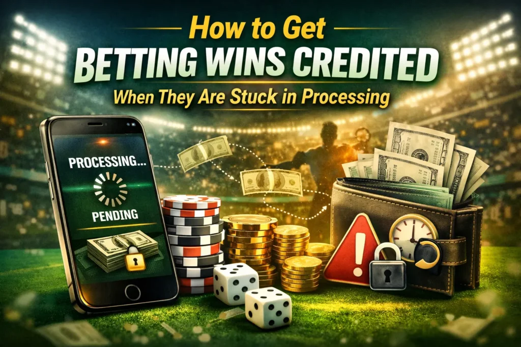 Illustration of betting wins stuck in processing showing a mobile screen with pending payout status, casino chips, money