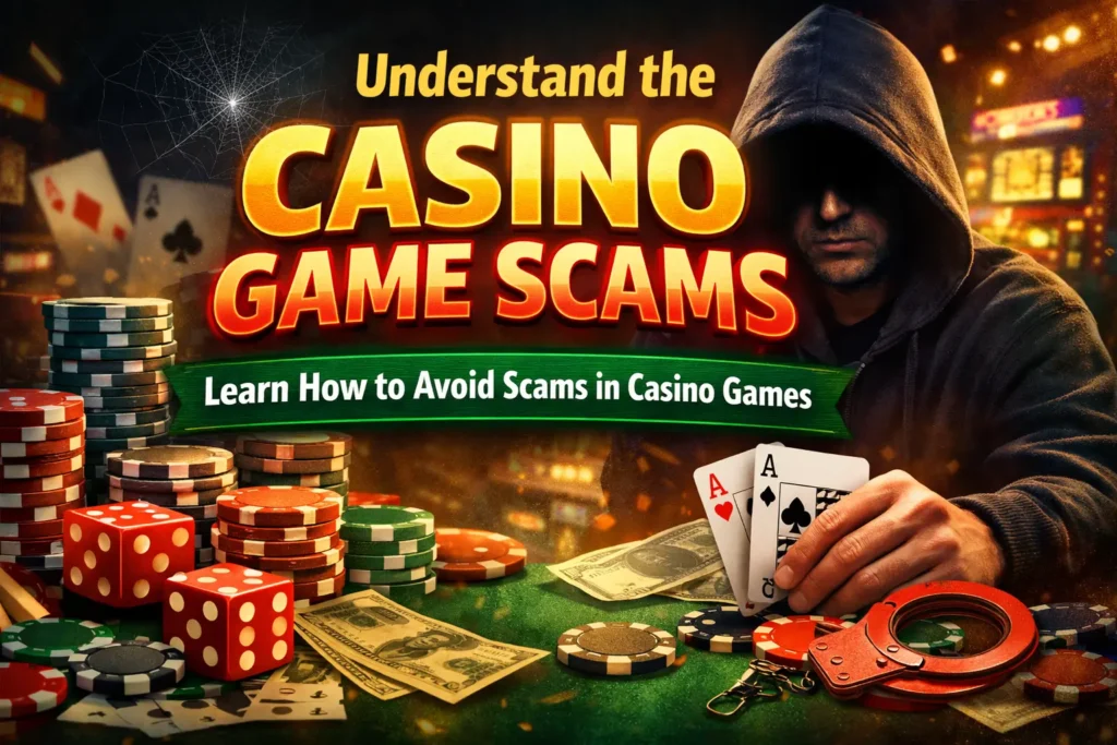 Understand the Casino Game Scams – Learn how to avoid scams in casino games with warning signs, poker chips, cards, and a hooded scammer concept image.