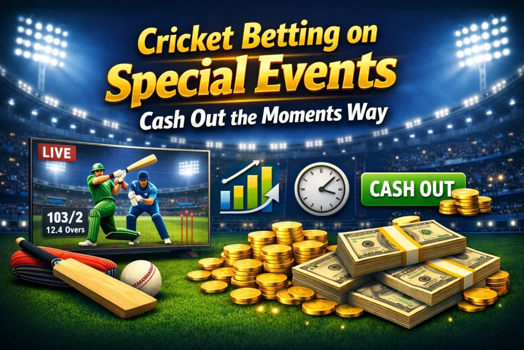 Cricket betting on special events showing live match action, planned cash-out strategy, and winning moments inside a floodlit stadium