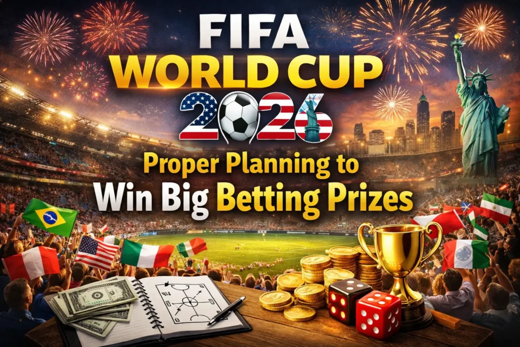 FIFA World Cup 2026 stadium scene with fireworks, international flags, golden trophy, betting coins, dice, and strategy notebook illustrating proper planning to win big betting prizes.