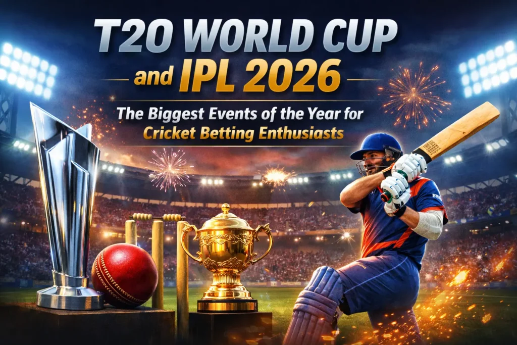 T20 World Cup and IPL 2026 cricket stadium banner with trophy, batsman, and betting theme background