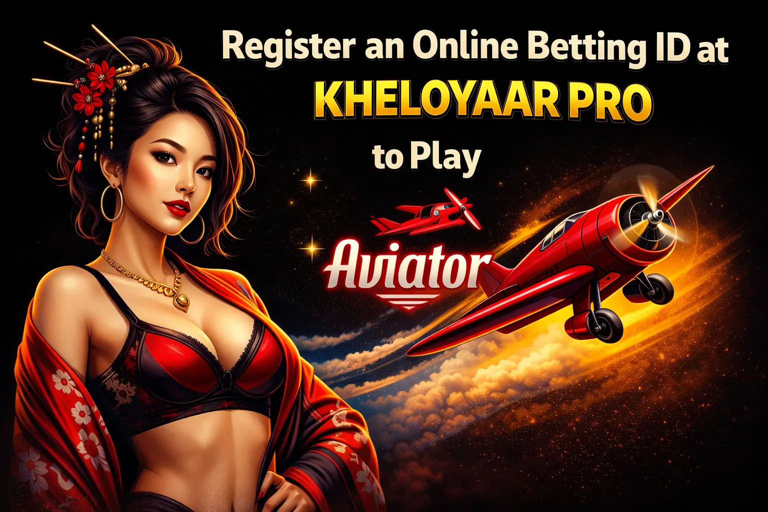 Bold Japanese-style woman with aviator plane and “Register Betting ID at Kheloyaar Pro to Play Aviator” text on black background.
