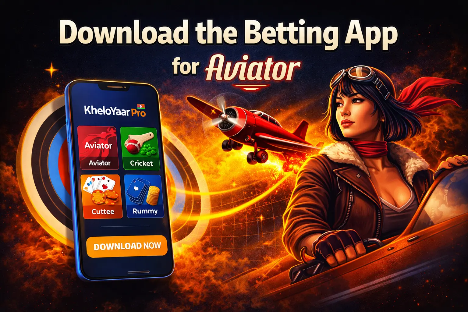 Aviator betting app download banner with plane, mobile app screen, and pilot girl on dark background.